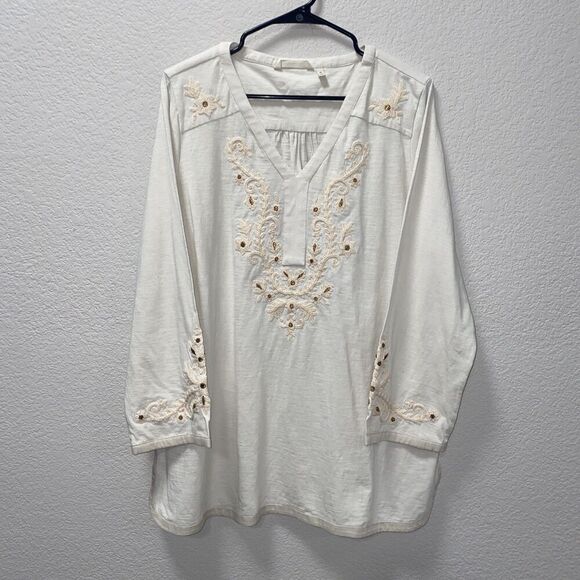 Soft Surroundings Cotton Embroidered Tunic Cream Metallic XL Floral Lagenlook - Picture 1 of 6